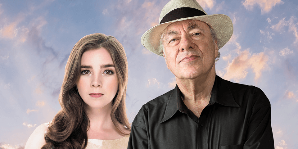 Richard Goode and Sarah Shafer combined portrait on clouds