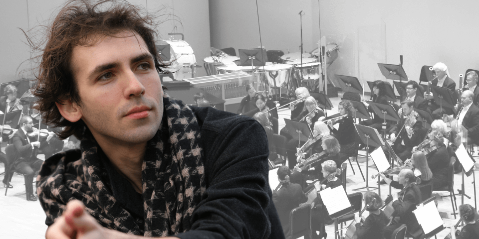 alexandre kantarow superimposed on an image of the kalamazoo symphony orchestra